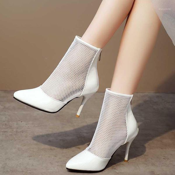 

2020 mesh short boots womennew hollow stiletto heel pointed zipper summer and autumn breathable sandals female single boots1, Black