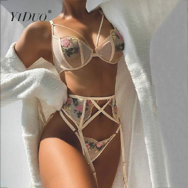 YiDuo Lingeie Damen-Unterwäsche, Netzstoff, weiße Blumenstickerei, transparent, Bralette, Dessous-Set, sexy Damen-BH, 3-teiliges Set Y1229