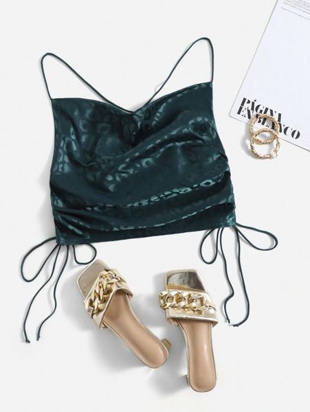 

leopard jacquard drawstring side crisscross crop cami 34my#, White