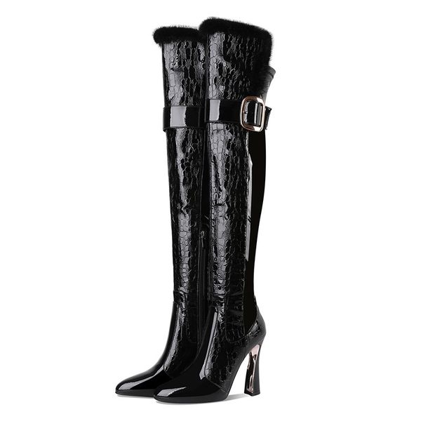 

2021 new high-quality female thick high heels black toe woman shoes on knee tall boots 34-41 fkwc