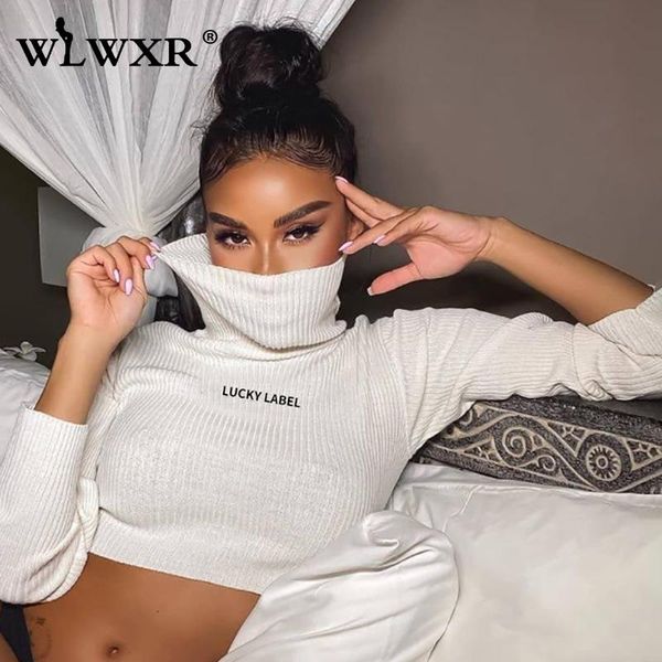 

women's t-shirt wlwxr lucky label long sleeve crop turtleneck t shirt women streetwear ribbed bodycon solid tshirts ladies 202, White