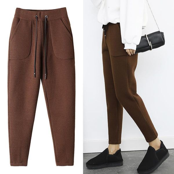 

new autumn winter pants warm women ankle length woolen pant thick high waist trousers loose work lady office wear harem pants, Black;white