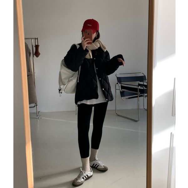 

new korean diamond trellises women's quilted solid color thickened simplicity light short single cotton breasted jacket 7ane, Black