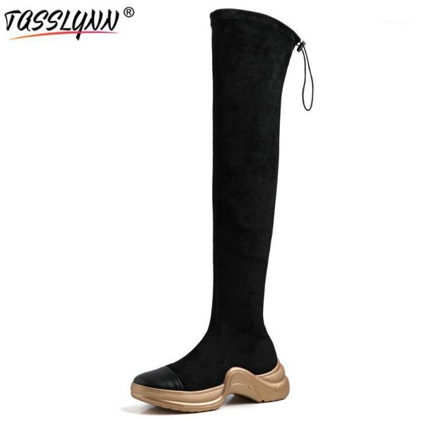 

tasslynn 2021 stretch fabric thigh high flat boots slip-on over-the-knee boots round toe basic designer women shoes1, Black