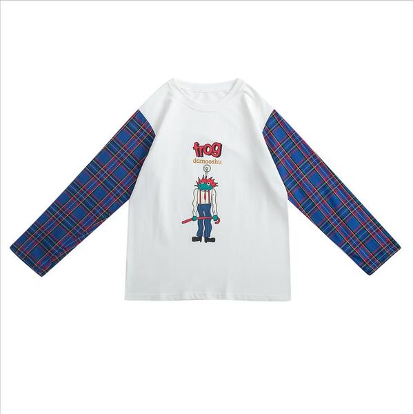 

fashion new spring women tee shirt long sleeve ugly frog printed t shirt plaid long sleeve casual preppy style tshirt, White