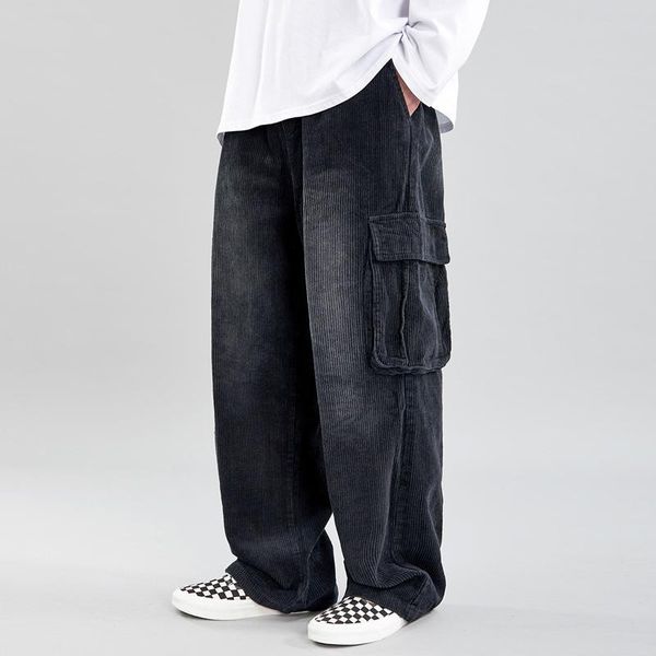 

corduroy trousers mens old school multi-pocket cargo pants men casual thick baggy straight elasticated-waist wide-leg black pant