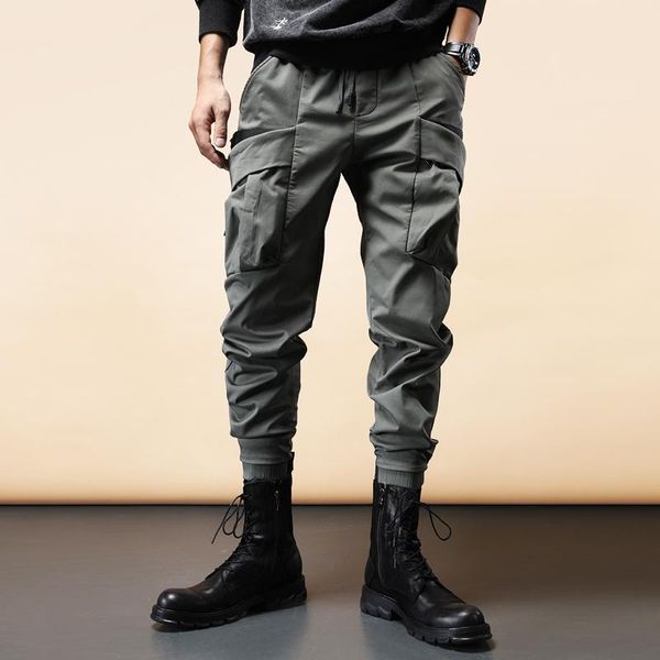 

new cargo pants men casual big side pockets loose drawstring trousers army green and black