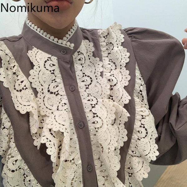

women's blouses & shirts nomikuma women blouse lace ruffle patchwork stand neck lantern long sleeve shirt 2021 korean elegant causal bl, White