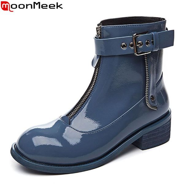 

boots moonmeek 2021 arrive winter women brand genuine leather ankle med heels square toe zip casual shoes, Black