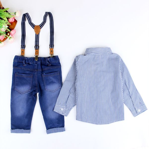 

children set europena and american style blue stripe shirt and suspender jeans trouser boy long sleeve two pieces, White