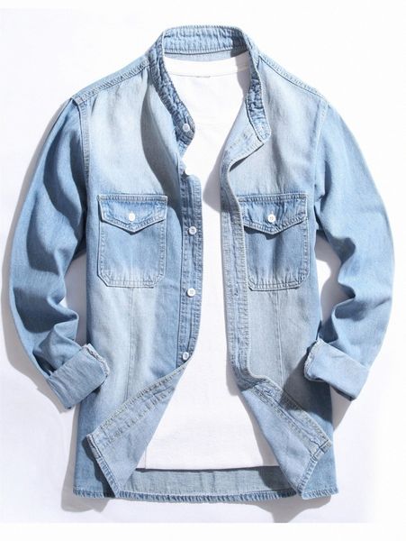 

men flap pocket washed denim shirt without tee 85a2#, Blue