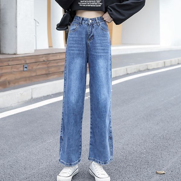 

women high waist loose straight jeans lady students autumn wide legs cut length pants female jeansy cropped leggings trousers y1214, Blue
