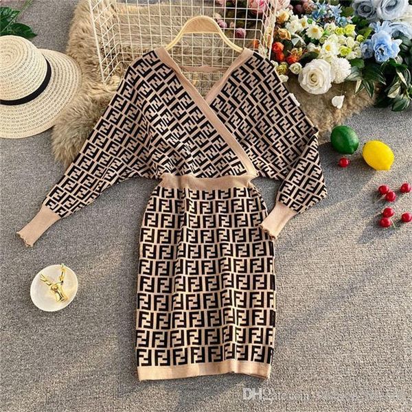 

свитер платье v-образным вырезом вязаное платье женщины 2020 осень и зима новый темперамент с длинным рукавом slim mid-flight sweater bag hi, Black;gray