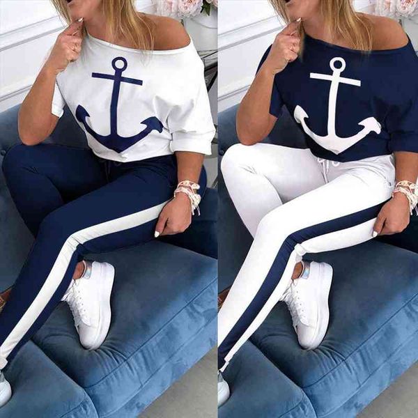 

tracksuit women pants fashion clothes summer boat anchor print patchwork casual stretch bodycon two piece matching, White