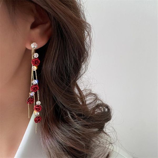 

fyuan korean style red purple resin rose drop earrings for women long tassel rhinestone dangle earrings jewelry accessories, Silver