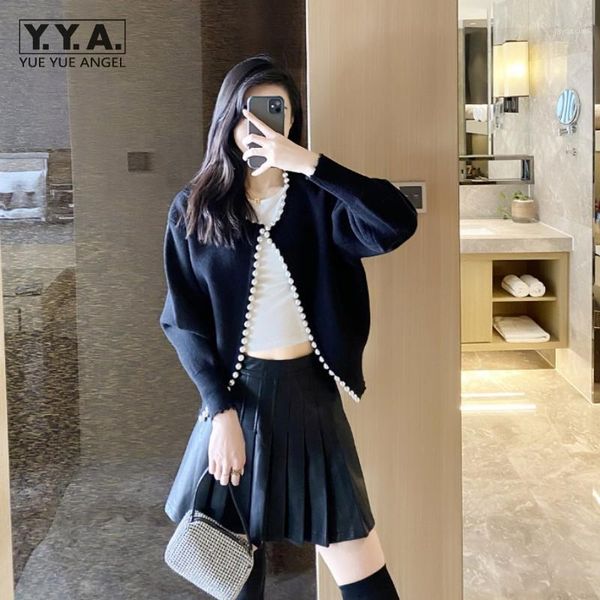 

open stitch coat women elegant pearls short jacket sleeve o-neck knitting cardigan outerwear autumn female coats1, Black;brown