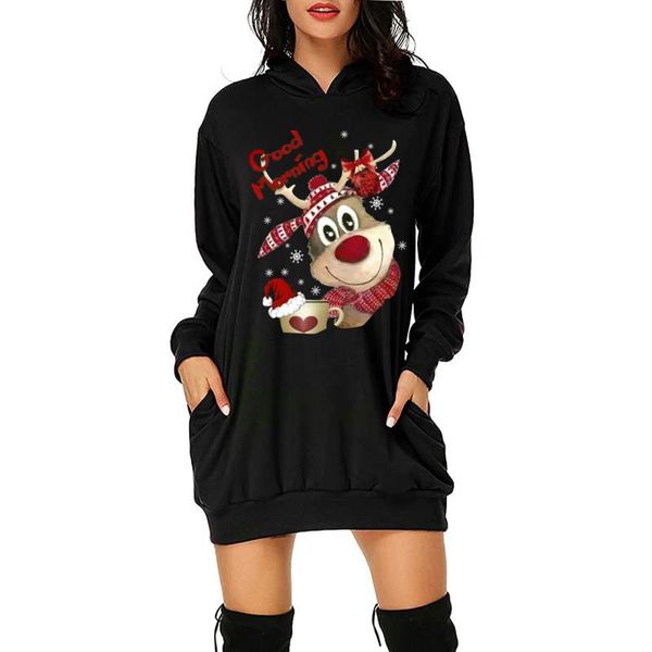 

casual dresses christmas dress women fashion hoodie bag hip pocket elk print vestidos invierno 2021 mujer, Black;gray