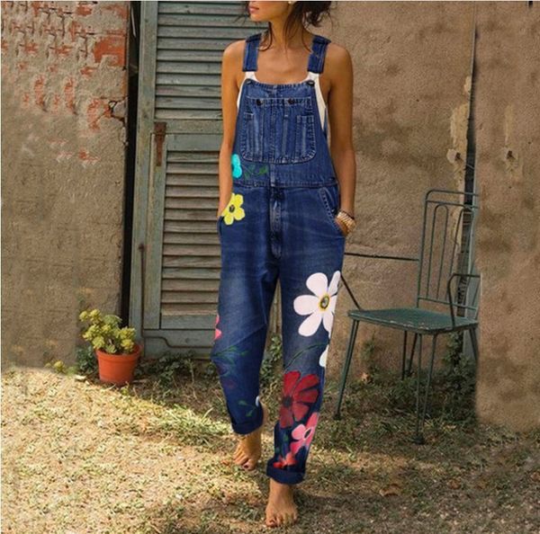 

2020 women's flower print jeans with strap pants, Blue
