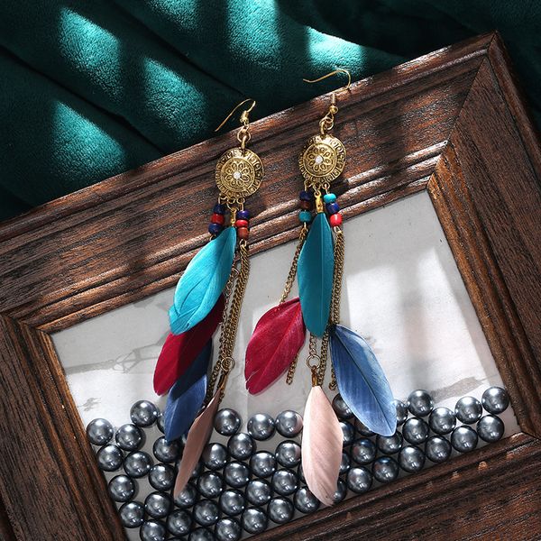 

chain tassel pearl earrings bohemian feather yiwu jewelry creative long earrings ear rings, Golden