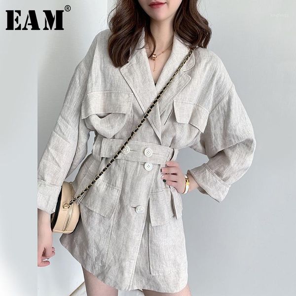 

eam] loose fit linen button split joint big size jacket new lapel long sleeve women coat fashion tide spring 2020 1x50101, Black;brown