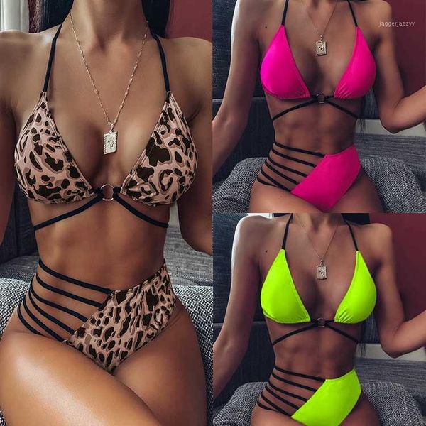

women's swimwear string lace up bikini bandage bathing suit neon 2021 halter high waist women swimsuit female 1, White;black