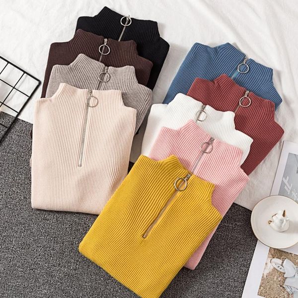 

2020 casual zipper sweater women turtleneck solid spring autumn knitted sweater pullovers long sleeve chic soft jumper pink1, White;black