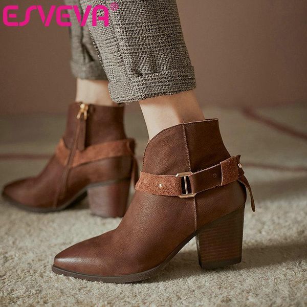 

boots esveva 2021 fashion cow leather+pu ankle autumn winter pointed toe ladies square high heel women shoes size 34-42, Black