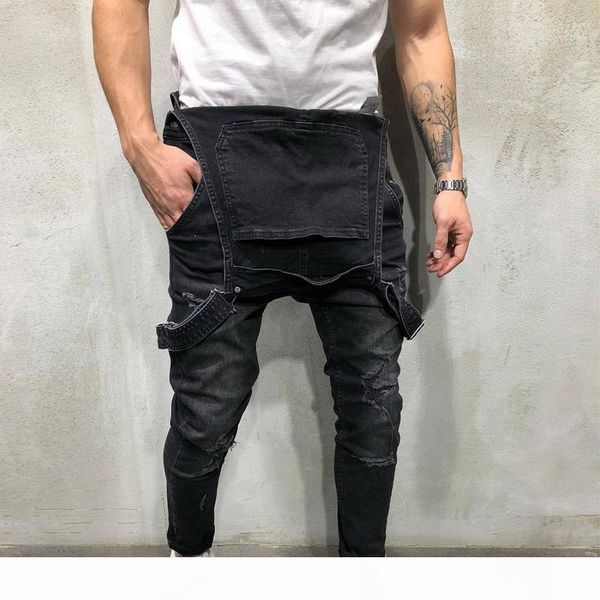 

2019 fashion men's ripped jeans jumpsuits vintage distressed denim bib overalls men suspender pants playsuit one piece trousers, Blue