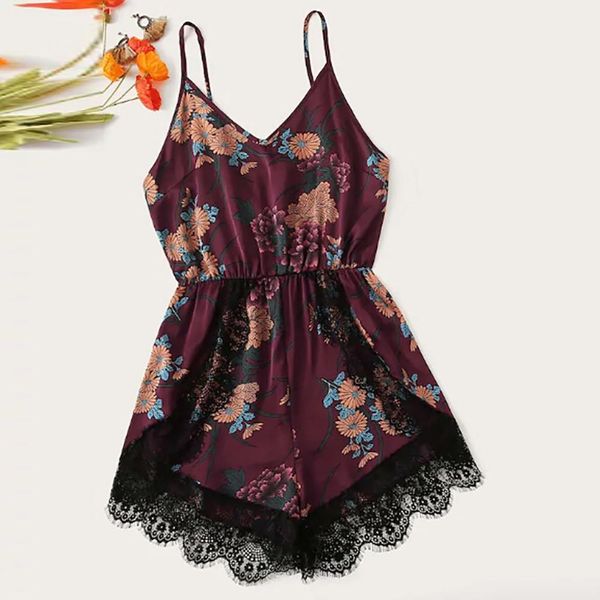 

new arrival 2019 silk flower print bodysuit women summer lace v neck spaghetti strap club bodysuits fashion body q1118, White