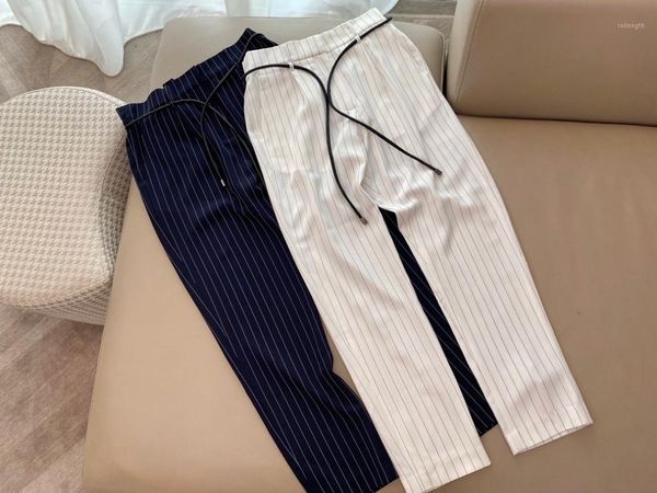 

2020 ladies fashion loose belt striped high waist casual pants 07141, Black;white