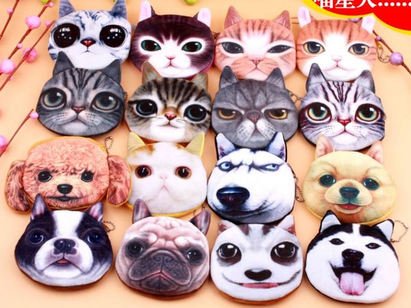 Bolsa de moedas de pelúcia com rosto de gato 3D, cachorrinho fofo, cabeça de pug, carteira com fecho de zíper, bolsa de animal de desenho animado, pingentes, pingente