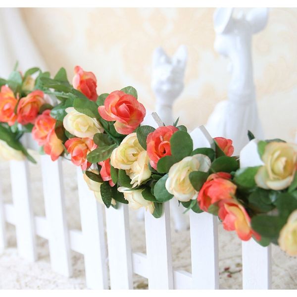 

250см искусственные лозы цветы шелковые малые розы поддельные цветы с пластиковыми зелеными листьями розы виноградная виноградная виноградна