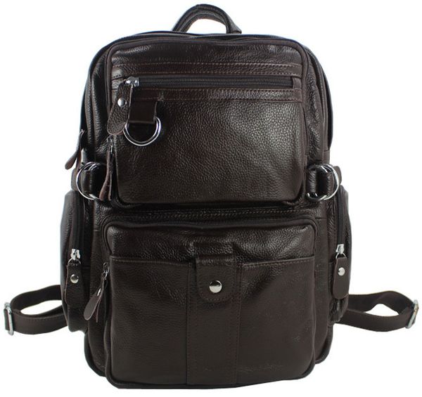 

genuine leather men's knapsack school female backpack male bag black brown