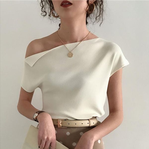 

2020 korean style knitted women t shirt summer one shoulder ice silk knitting tshirt casual street chic tees 7 colors, White