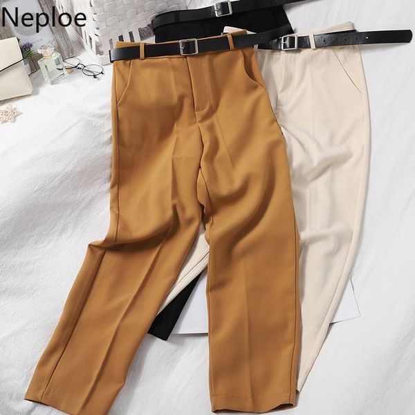 

neploe women elegant suit pants belt high waist 2020 new korean solid ankle trousers fashion causal straight pants femme 4d1621, Black;white