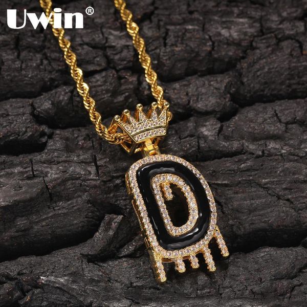 

uwin crown dripp oil bubbles initial letter pendant necklace iced out cubic zirconia letters men women hiphop jewelry 201013, Silver
