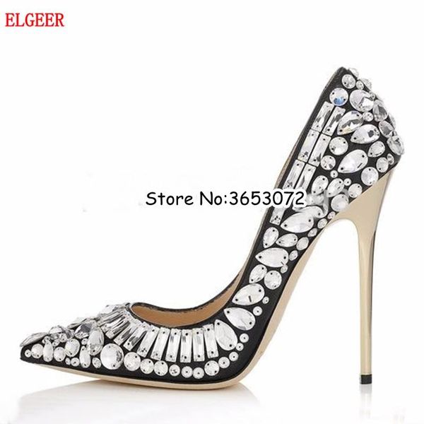 

dress shoes luxury style shinny rhinestone women wedding party high heels pointy toe crystal bridal stiletto pumps, Black
