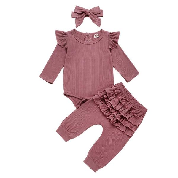 

newborn infant baby girls ruffle t-shirt romper leggings pant 3pcs outfits clothes set long sleeve fall winter clothing d20, White