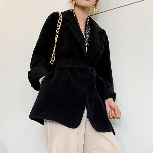 

double faced cashmere coat short autumn winter 2020 new korean suit with concealed buckle temperament woolen coat, Black