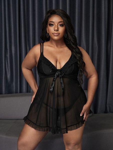

plus cut-out ruffle trim mesh slips with thong without bra c1dn#, Black;white