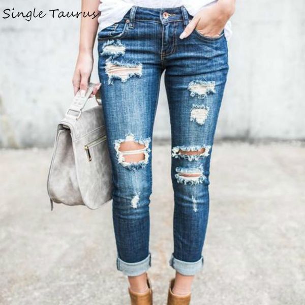 

women's jeans 2021 spring vintage women cotton spandex bleached ripped push up hole streetwear distressed skinny denim pants1, Blue