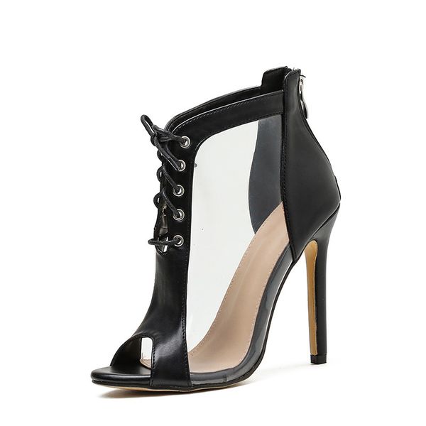 

new women's shoes european and american transparent film stitching fish mouth strap sandals plus size mn128-a0, Black