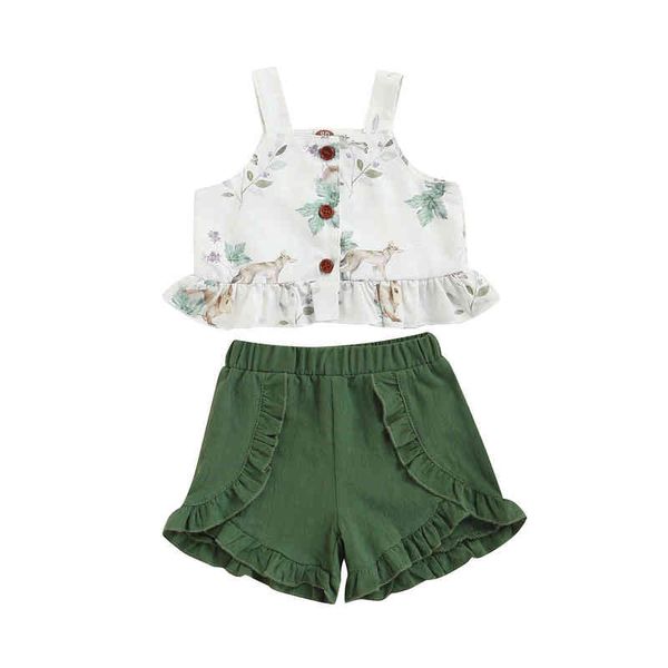 

elegant baby girls clothing shorts set square neck floral suspender buttoned camisole elastic waist pleated solid color shorts g220217, White