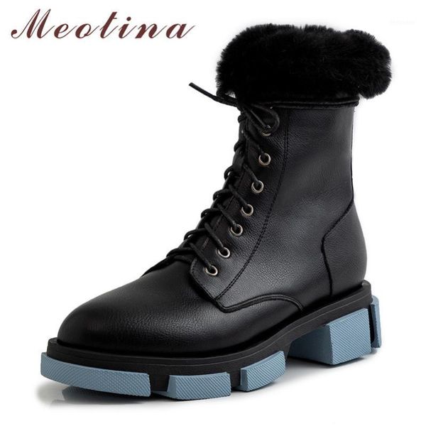 

boots meotina winter snow women hair chunky heel ankle lace up round toe short shoes ladies black size 38-431