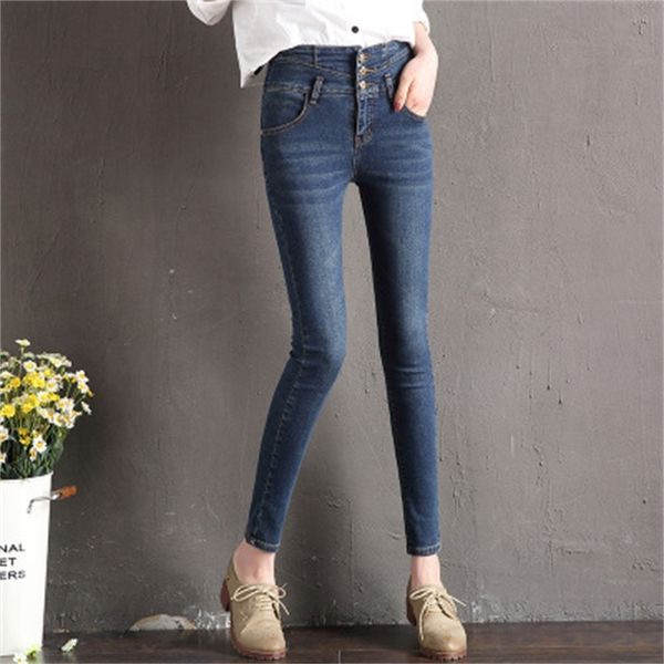 

jeans pants 2021 spring and autumn new korean women's high waist tight elastic breasted leggings, Blue