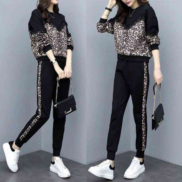 

womens motion leisure suit western style leopard print loose twinset and pants fashion casual two-piece suit, White