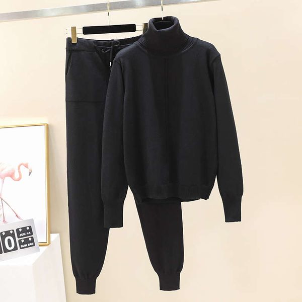 

korean thickened high neck sweater loose women's autumn and winter new casual lazy knitted sports pants two piece suit fashion, Gray