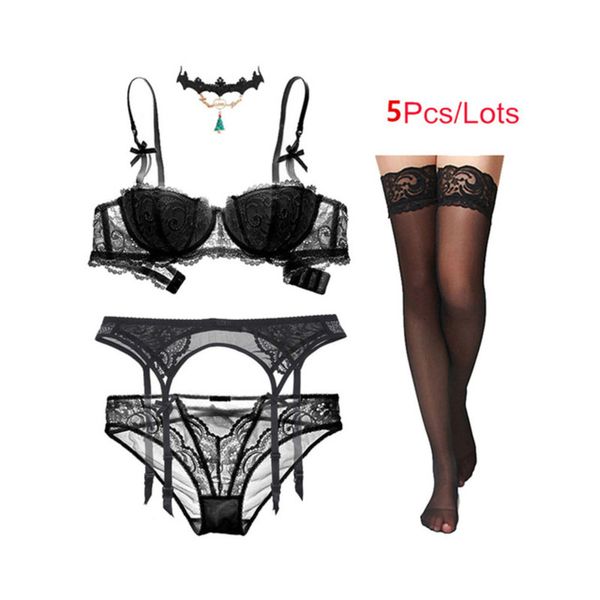 

varsbaby lace half cup gather christmas bra set bra+panties+garter+stockings+necklace 4 pcs c1212, Black;white
