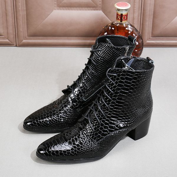 

2020 snakeskin mens shoes heels leather lace to ankle high height growing cowboy boots 10g4, Black