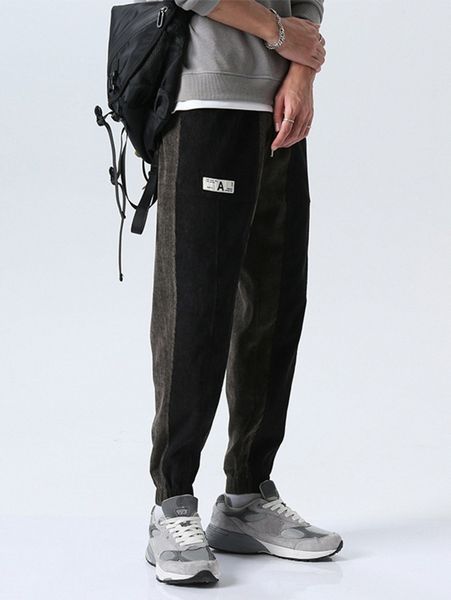 

men two tone letter patched detail corduroy pants l2cv#, Black